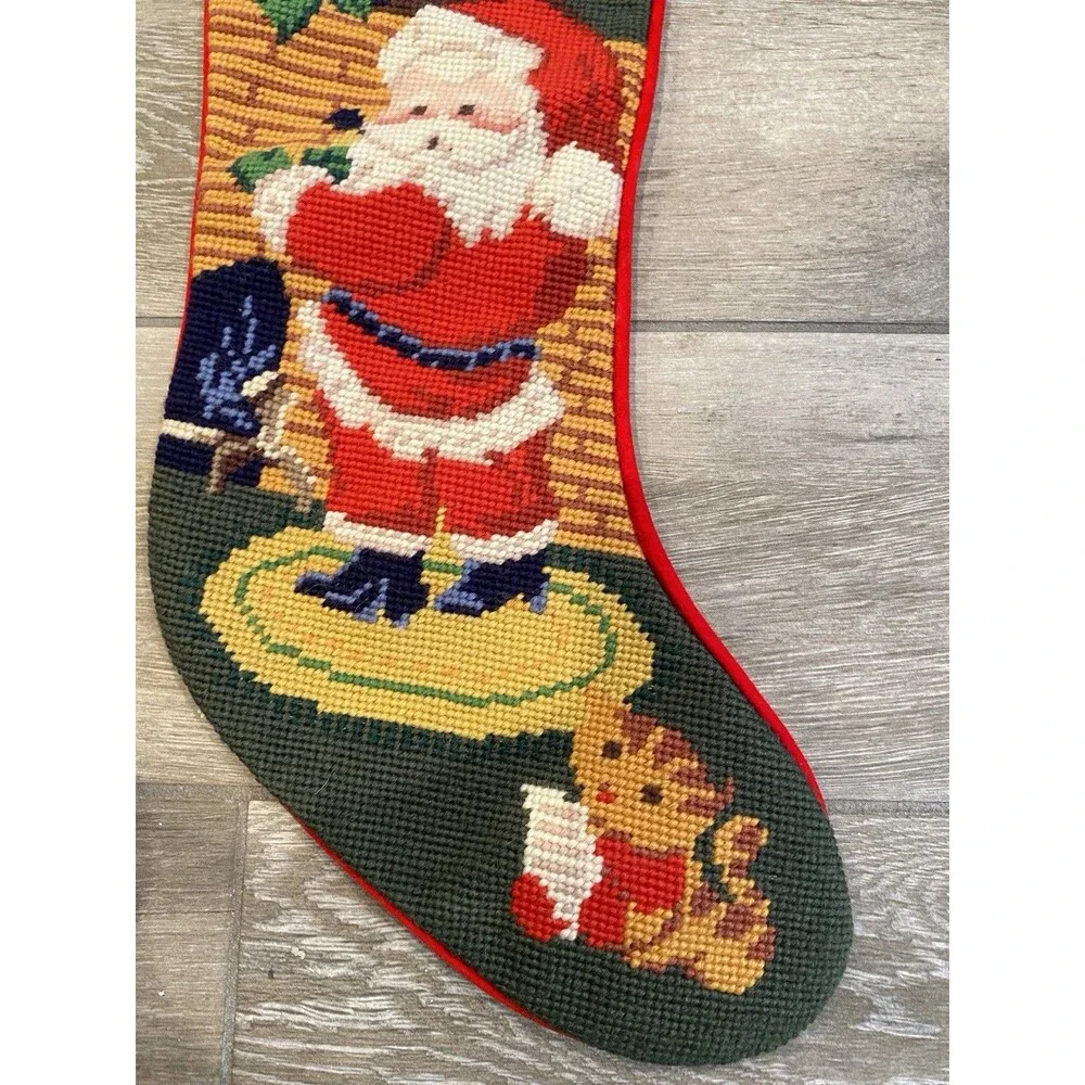 2x Vintage 1990s Needlepoint Hanging Christmas Stockings Santa And Cat